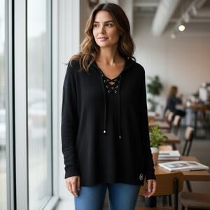 Michael Kors Black Knit Hoodie with Rhinestone Logo XL Lace Up